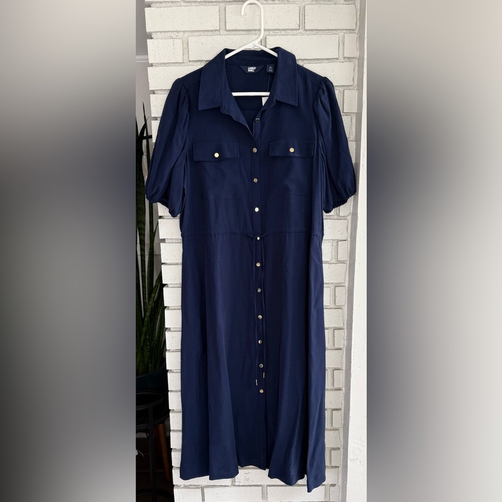 NWT Lands’ End Navy Button Front Midi Dress‎ Tie Waist Puff Sleeve Classic